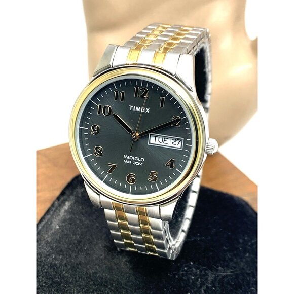 Timex Men's Watch T26481 Quartz 35mm Gray Dial Indiglo Two Tone Stretched Band - Picture 13 of 14
